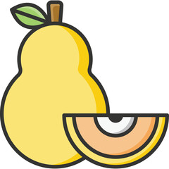 Yellow Pear Fruit Slice Icon with Green Leaf and Brown Stem on Transparent Background Vector Graphic