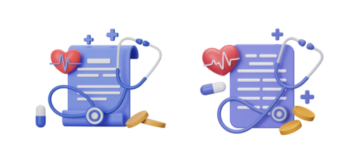 Medical report with stethoscope and heart representing healthcare and diagnosis on transparent background