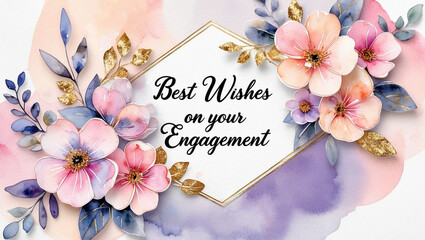 A greeting card with watercolor pastel florals in pink, peach, and lavender tone with the message “Best wishes on your engagement” centered in cursive font