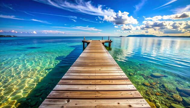 A long, wooden pier extends into turquoise waters under a bright blue sky with fluffy clouds