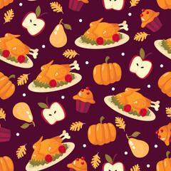 Pixel Art Thanksgiving Harvest Festival Pattern Featuring Roasted Turkeys Pumpkins Apples and Pears on a Deep Purple Background
