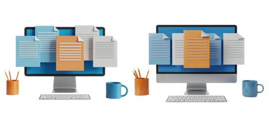 Computer screen displaying documents with a mug and pencils on transparent background