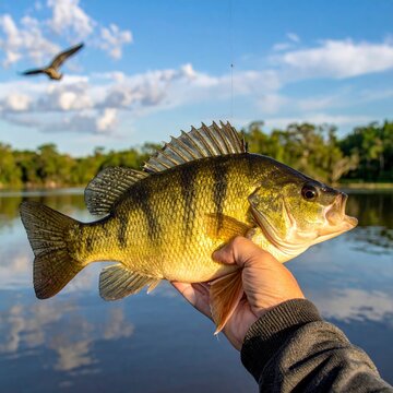 Anglers Delight - A Vibrant Yellow Perch Caught in Serene Waters.