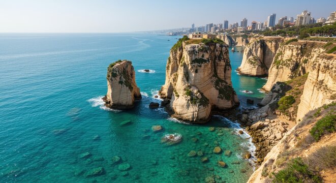 Picturesque raouche rocks in beirut, lebanon on a sunny day. - Powered by Adobe