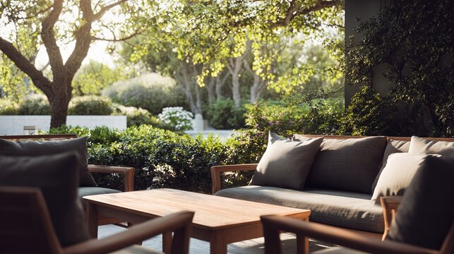 A serene outdoor patio with minimalist furniture, evoking tranquility amidst lush greenery.