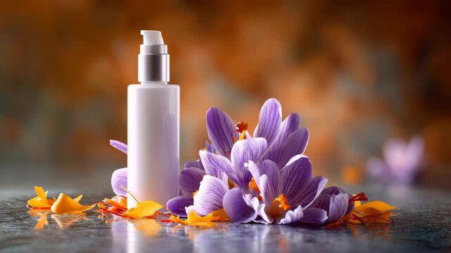 Ultra HD White bottle of cosmetic product with crocus flowers on a reflective surface, Cosmetics bottle mockup video, Cosmetics jar presentation video
