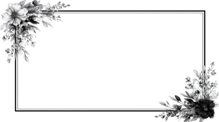 Black rectangle frame decorated with beautiful colorful flowers and green leaves for elegant floral arrangement isolated on white background