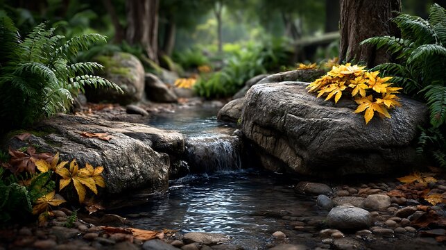 A shallow stream bed with pebbles and fallen leaves.