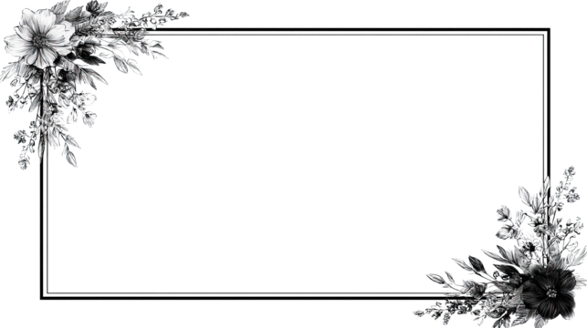 Black rectangle frame decorated with beautiful colorful flowers and green leaves for elegant floral arrangement isolated on white background - Powered by Adobe