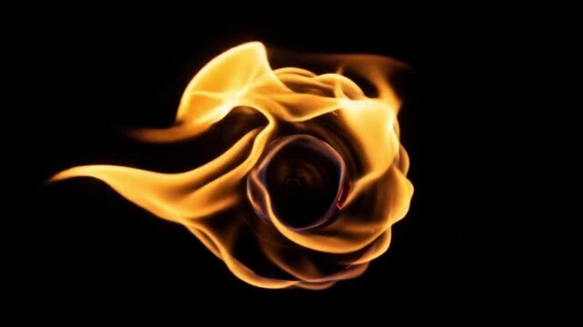 A beautiful swirling flame forms the shape of a rose against a solid black background.