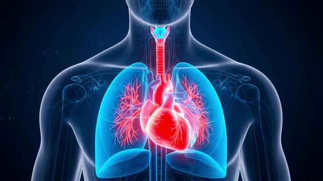 Beating human heart and lungs anatomy showing cardiovascular system in motion