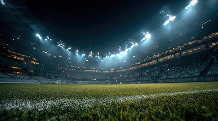 Empty soccer stadium at evening under dramatic lighting, showcasing the pristine field.