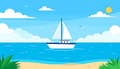 A serene illustration of a sailboat gliding across the blue ocean under a sunny sky
