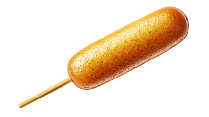 Classic corn dog with golden crispy batter and juicy sausage on wooden stick served as tasty snack isolated on white background
