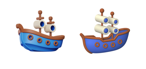 Two cartoon pirate ships with blue hulls and white sails on transparent background