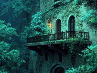 Ivy-covered stone balcony overlooking midnight garden, floating apparitions among the shadows