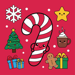 A cheerful Christmas illustration featuring a candy cane, gingerbread man, gifts, snowflake, star, tree, and a smiling cocoa cup.