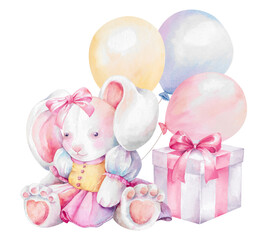 Soft plush bunny toy in dress, balloons, gift box with satin ribbon bow. Hand drawn watercolor illustration isolated on white. Delicate pastel colored clipart for children's and holiday party designs