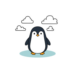 A charming cartoon penguin stands on a light blue surface beneath fluffy white clouds, perfect for children's illustrations and designs.