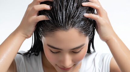 Naklejka premium A woman is gently washing her hair with shampoo, focusing on massaging the scalp for a thorough cleansing.