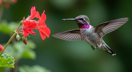 A hummingbird hovers near vibrant red flowers, wings outstretched, capturing nectar