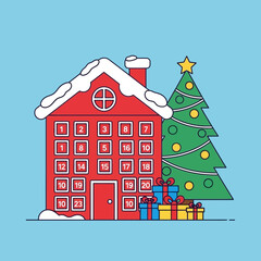 Fototapeta premium A festive illustration of a red Christmas house with an advent calendar, decorated with a Christmas tree and wrapped presents, on a blue background.