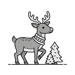 A charming illustration of a reindeer with antlers and a decorative collar, standing near two stylized Christmas trees, in a simple, grayscale design.