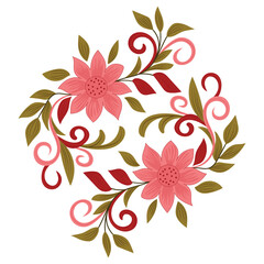 Elegant Symmetrical Floral Arrangement with Pink Flowers and Swirling Vines