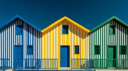 Fototapeta premium Colorful striped houses coastal village architectural photography bright environment front view vibrant design concept
