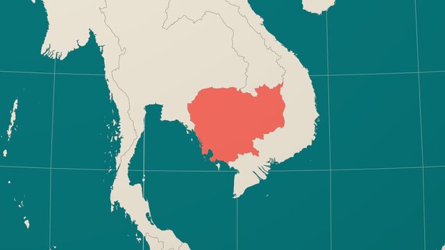 Cambodia map. Animated zoom into the country on the Globe in Teal Pale Mint color palette. Country logo animation. Map with meridians, parallels. Classic video.