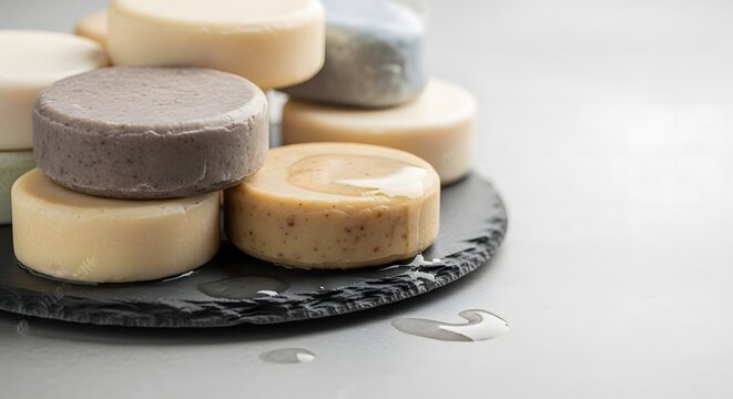 Stack of colorful, round handmade solid soap or shampoo bars on a black slate tray with water drops, focusing on natural and zero-waste beauty