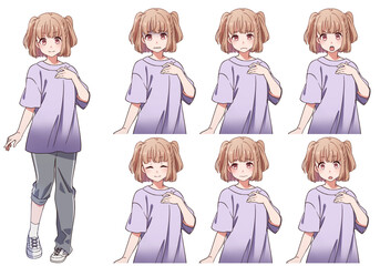 運動着を着たかわいいハーフツインテールの女の子の表情セット
