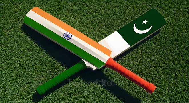 Two cricket bats decorated with the national flags of India and Pakistan crossed on a grassy field, symbolizing rivalry and competition