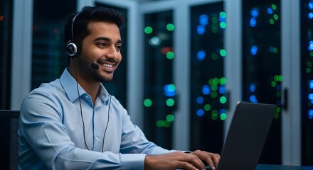 Smiling male IT support engineer wearing a headset and working on a laptop in a data center with blurred server racks and bokeh lights