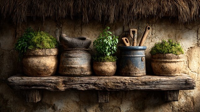 A shelf of clay pots and gardening tools in sunlight.