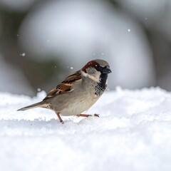 A small bird with brown and gray feathers rests on a snow covered ground with bokeh background