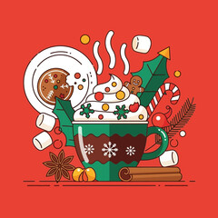 Festive illustration of a warm holiday drink with whipped cream, gingerbread, and seasonal decorations on a vibrant red background.