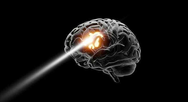 Digital rendering of a human brain with a focused glowing area, being hit by a laser beam, symbolizing targeted focus, idea, or neuroscience