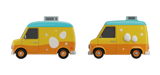 Two easter themed vans with eggs and stars in 3d render on transparent background