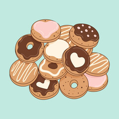 A delightful illustration of various decorated donuts, featuring heart and swirl designs, arranged on a light blue background, perfect for food-related concepts.