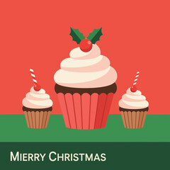 Festive Christmas cupcakes with white frosting and cherry toppings, adorned with holly leaves, creating a delightful holiday treat.