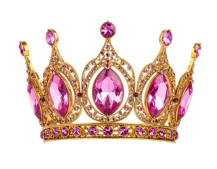 Ornate golden crown adorned with large teardrop and small round pink gemstones