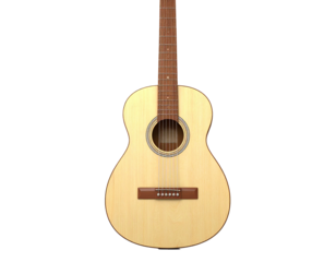 A light-colored acoustic guitar on a black background, showing its strings and fretboard