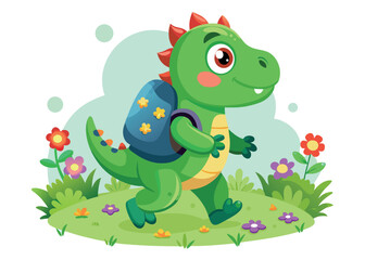 Fototapeta premium Cartoon dinosaur with backpack walking in a flower field isolated on white background, representing school and adventure