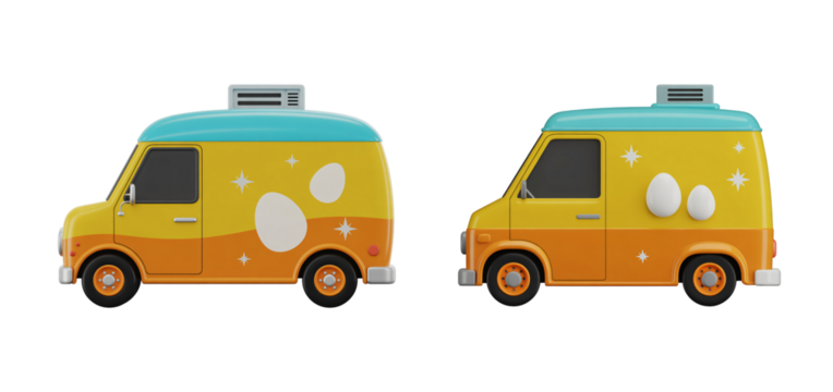 Two easter themed vans with eggs and stars in 3d render on transparent background - Powered by Adobe