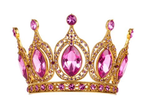 Ornate golden crown adorned with large teardrop and small round pink gemstones