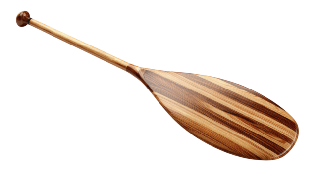 Wooden canoe paddle with smooth handle and flat blade used for boating and outdoor adventure isolated on white background