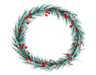 A circular winter wreath crafted from frosted evergreen branches adorned with red berries