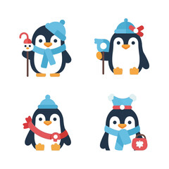 Adorable cartoon penguins dressed in winter clothing and accessories, perfect for holiday designs and festive projects.