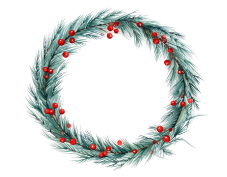 A circular winter wreath crafted from frosted evergreen branches adorned with red berries